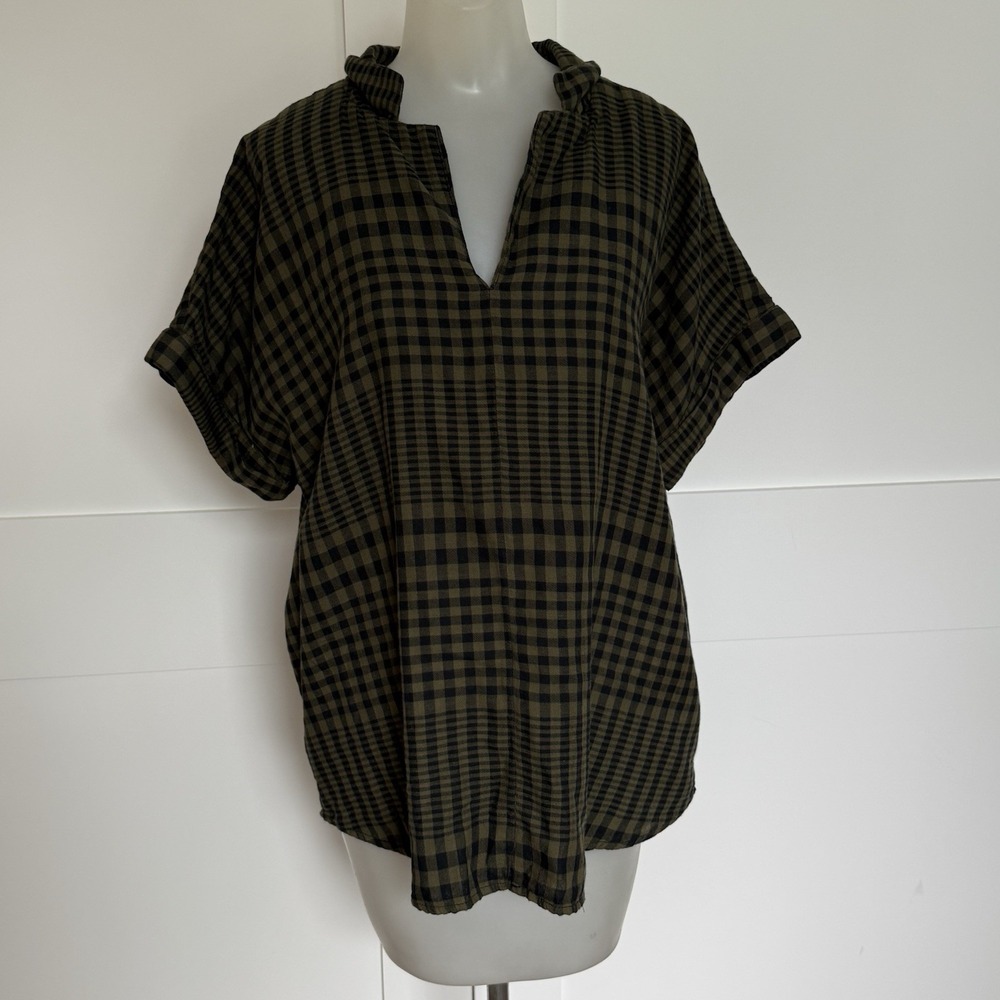 BeachLunchLounge Cotton Gingham Plaid Tunic Top Large Olive Black Oversized Boho